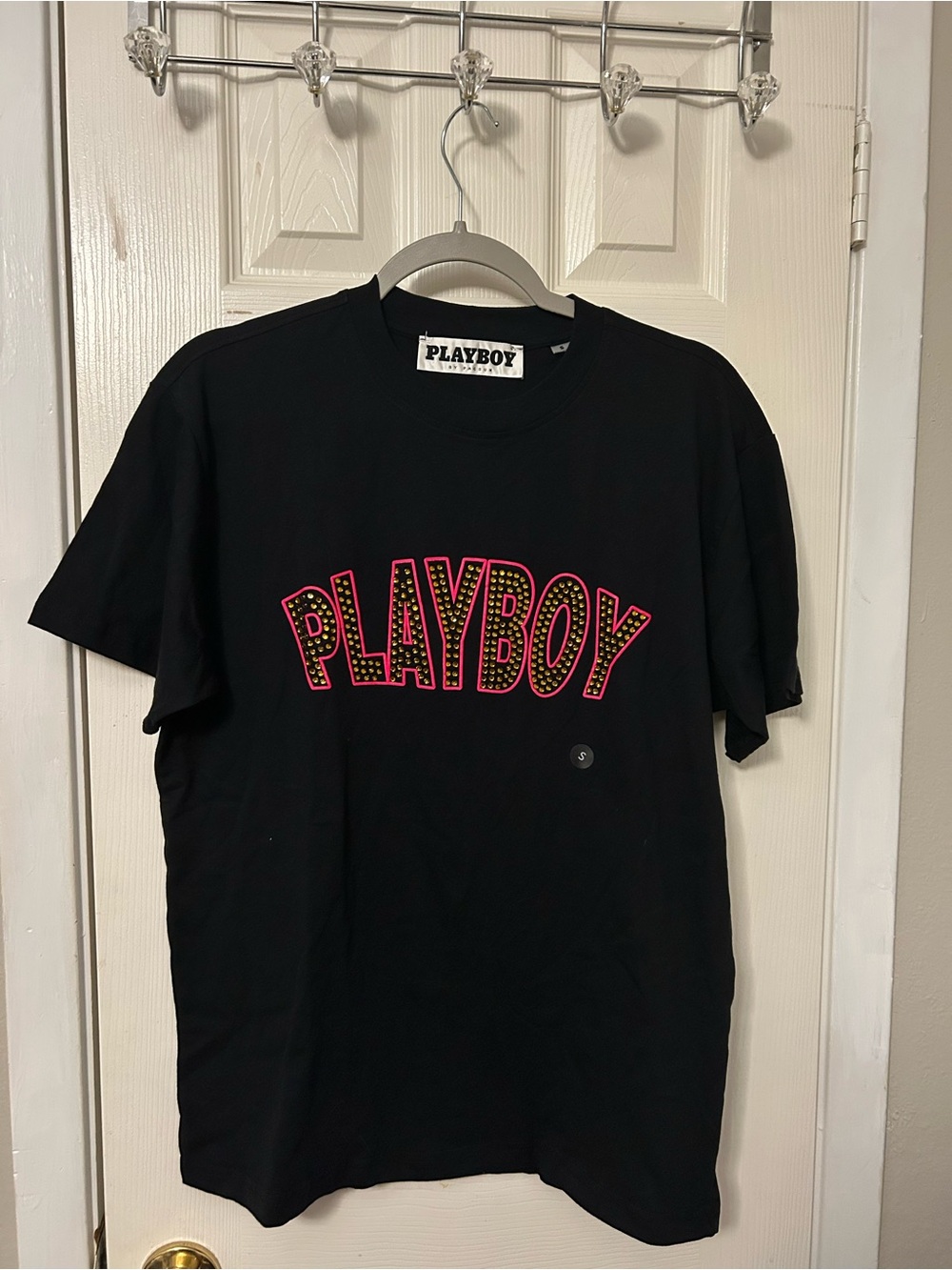 PLAYBOY Black Tee with Pink Studded Logo